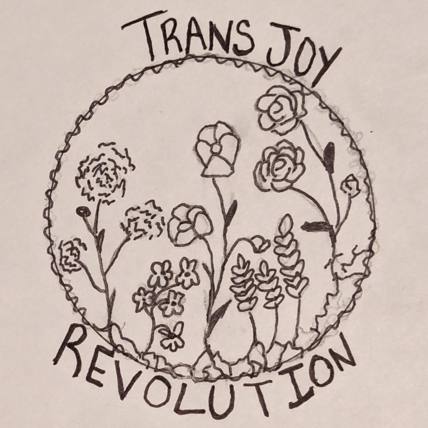 Trans Joy Revolution logo - flowers growing in a circle made of roots and vines with the words "Trans Joy Revolution"